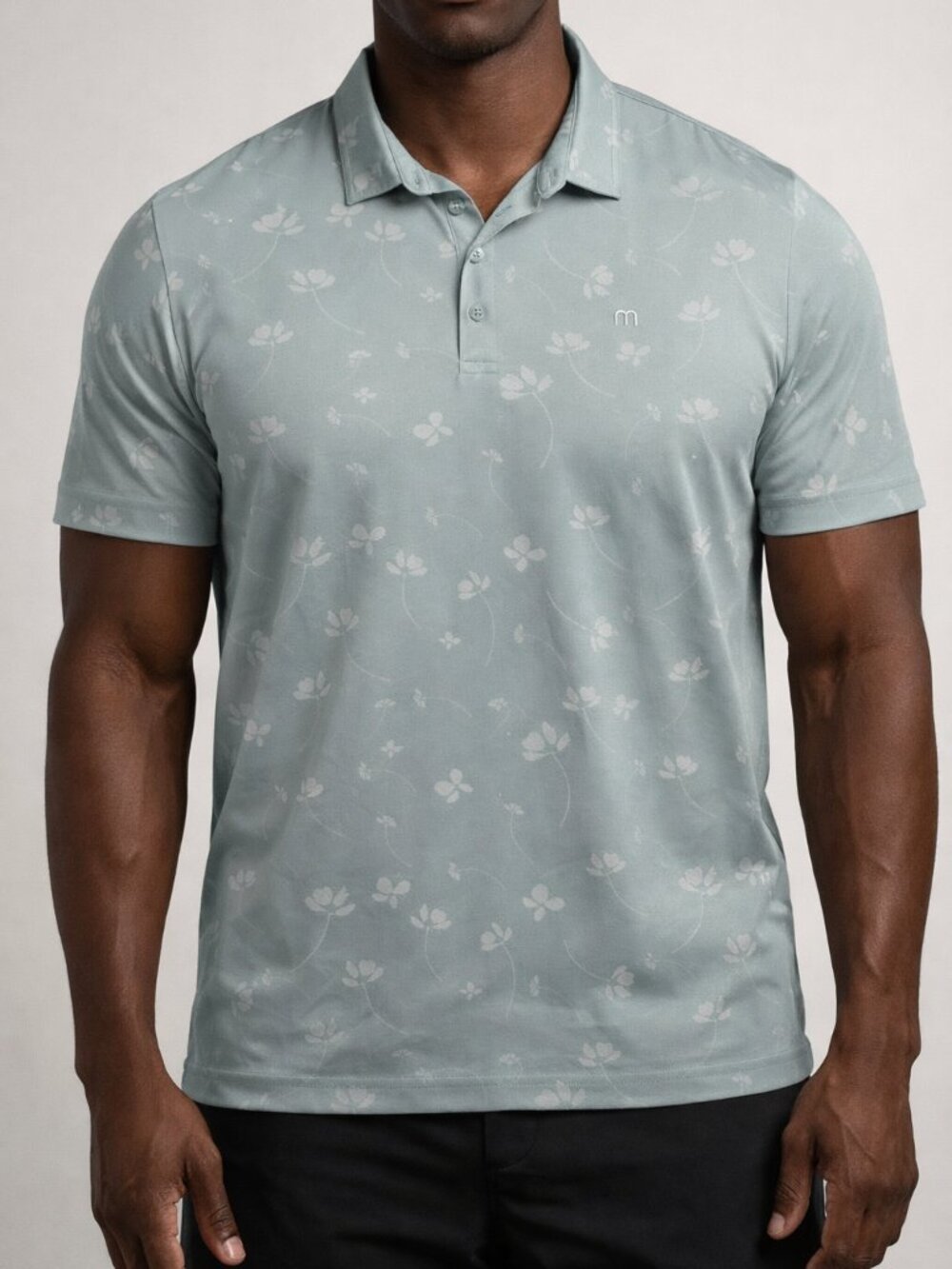 TravisMathew Mens XL Lt Blue Floral Polo Shirt Short Sleeve Golf Cotton Blend